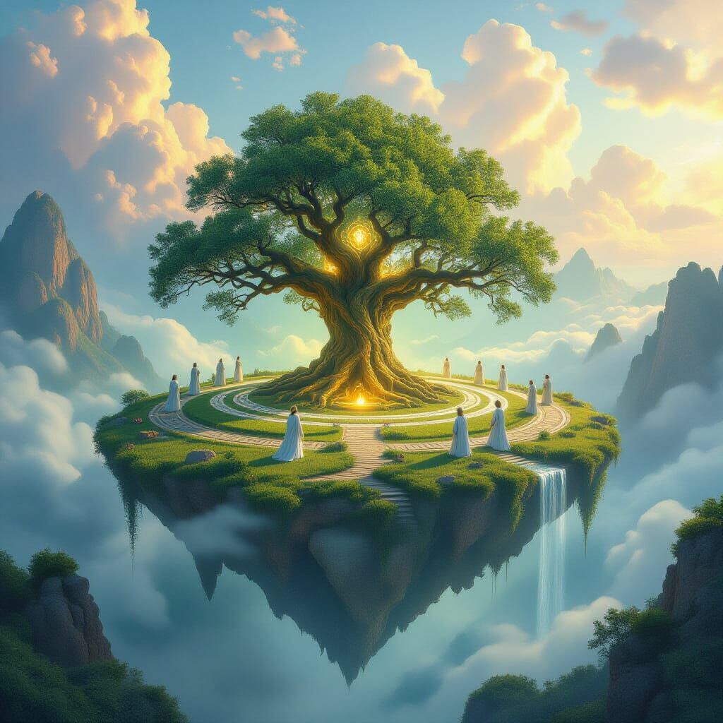 Floating Celtic Sanctuary Above Mist with Druids and Magic O...