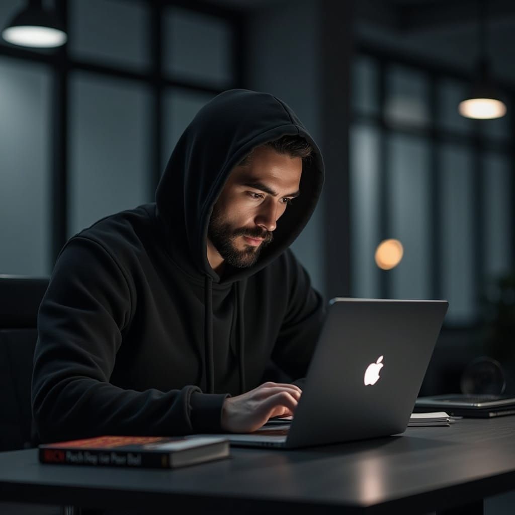 Man Works in Corporate Office with MacBook and Books