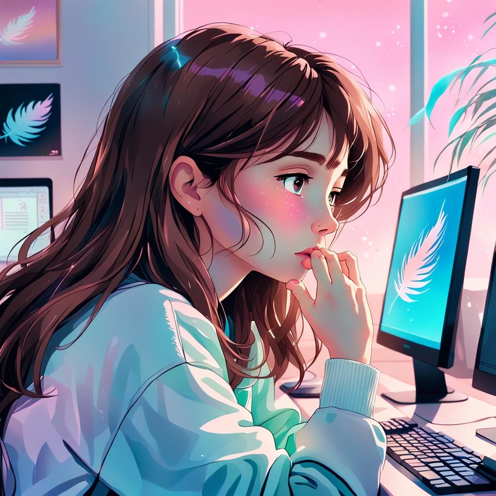 Woman at Computer in Storybook Splash Art Style