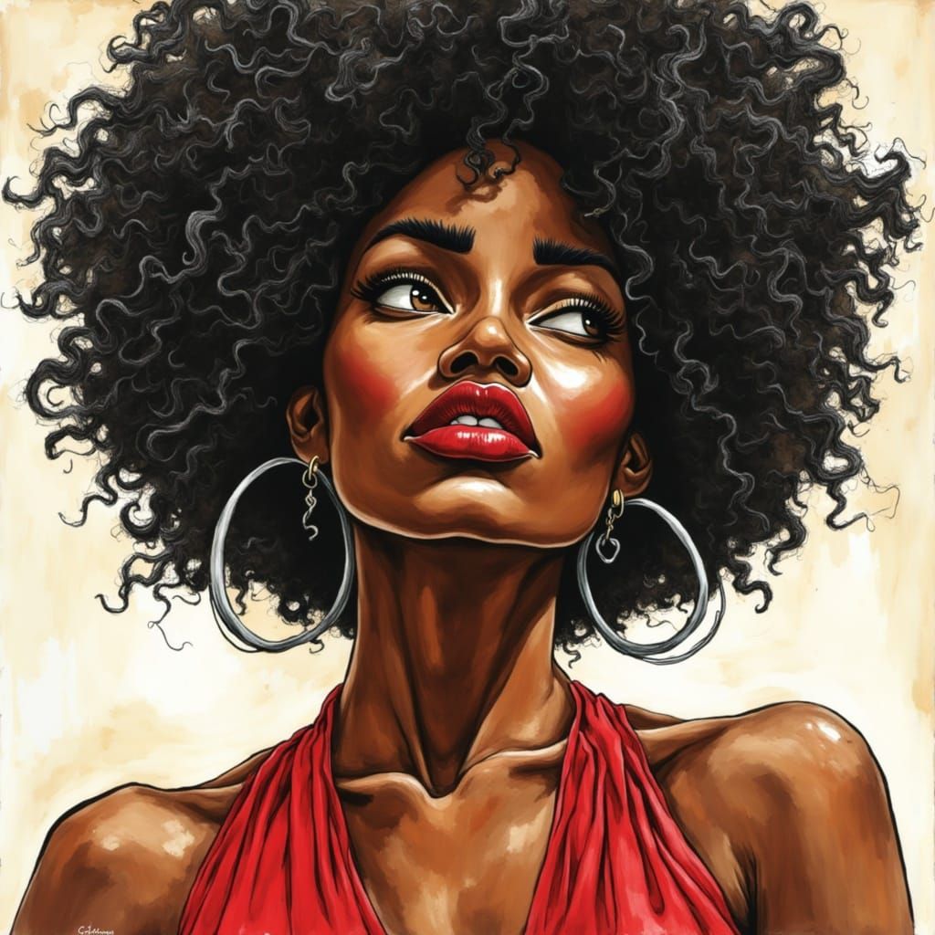 African American Woman with Afro and Red Lipstick in a Bold,...