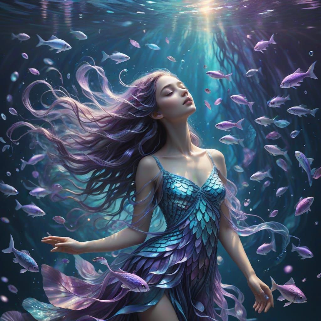 Surrealist Aquatic Goddess with Shimmering Scales and Ethere...