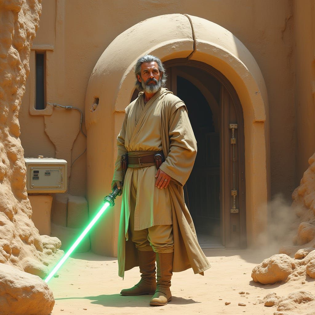 Desert Mystic Knight with Lightsaber in Hyperrealistic Style