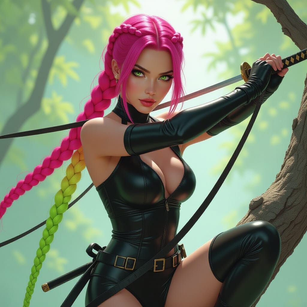 Hyperrealistic Woman with Pink Hair on Tree Branch