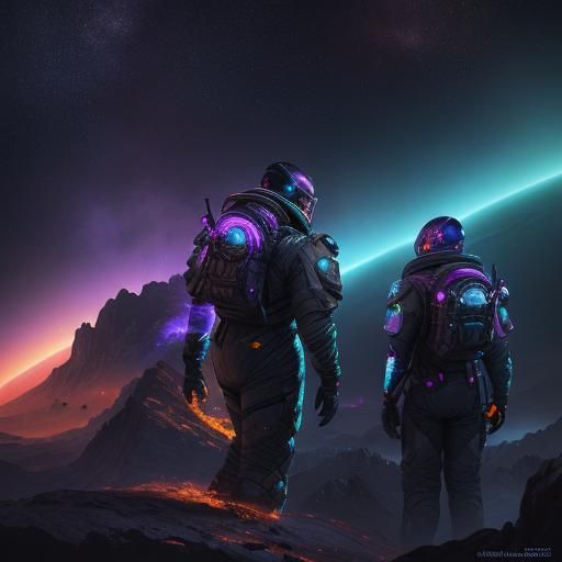 Astronauts at Edge of Iridescent Nebula