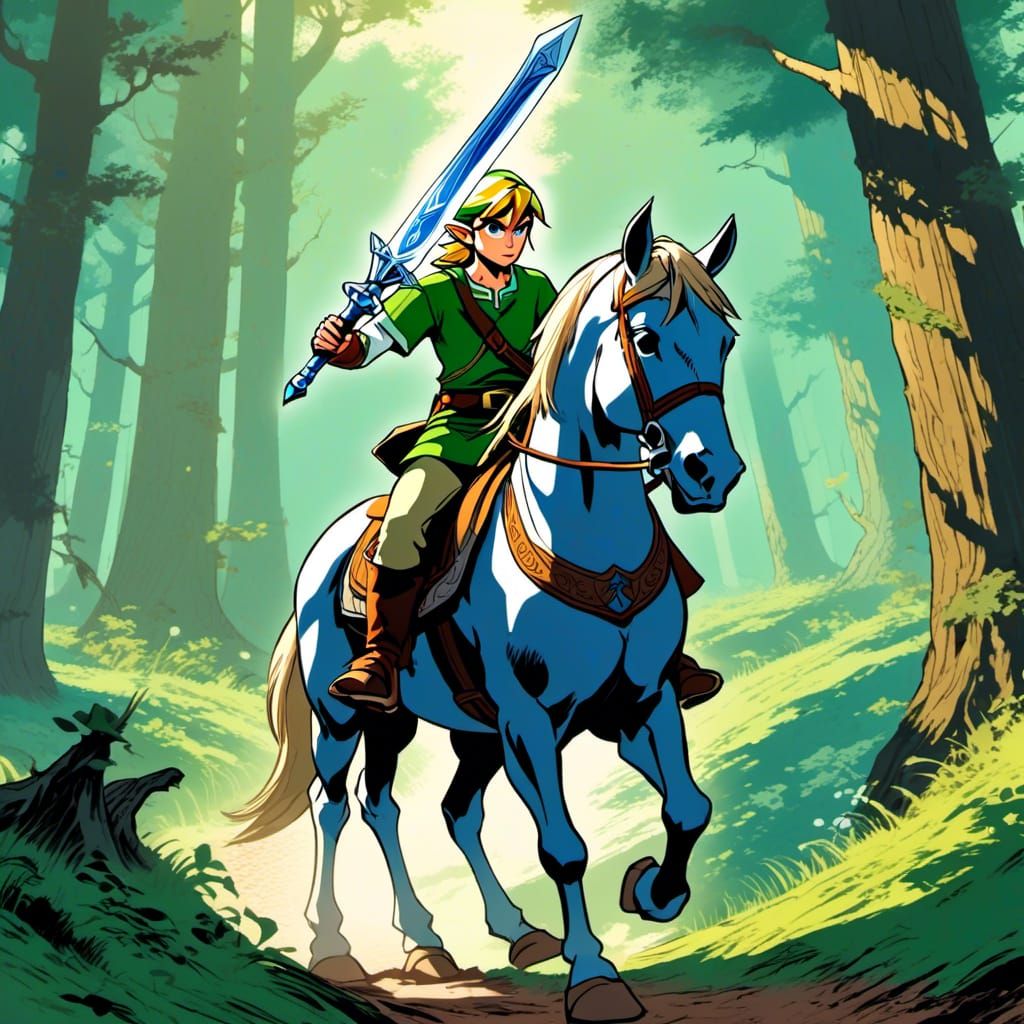 Legend of zelda link holding master sword and wearing headphone looking distracted (while navi shouts "HEY, LISTEN!") , ...