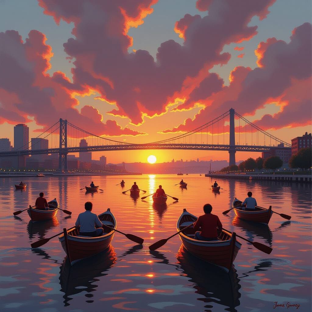 Rowboats in Harbor at Sunset, Oil Painting