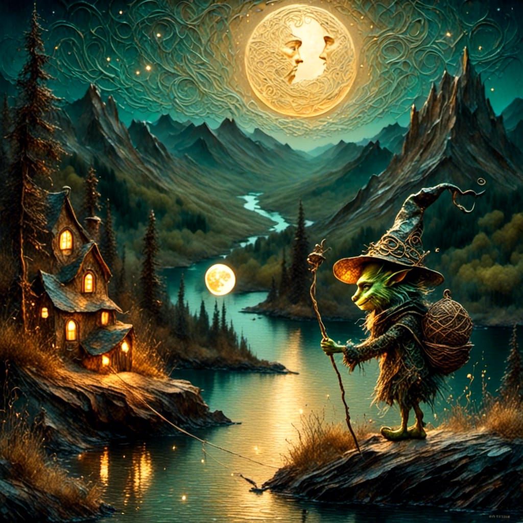 <lora:Lights Camera Action:1.0>
A goblin in a hat stands on a mountain and holds the moon on a fishing line.
The predomi...