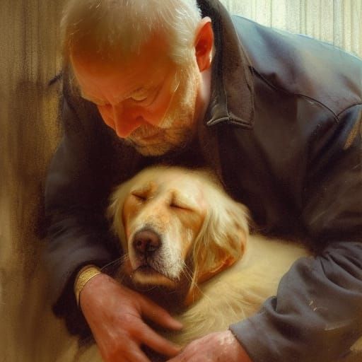Melancholy: Old Man and Dog in Hyperrealistic Gouache