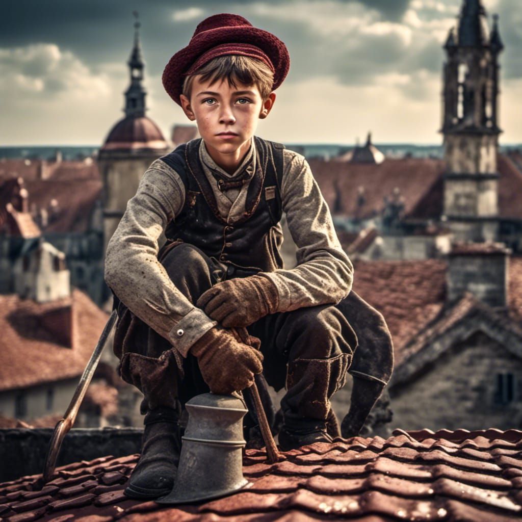Handsome Chimney Sweep on Burgundy Roof: Hyperrealistic Imag...