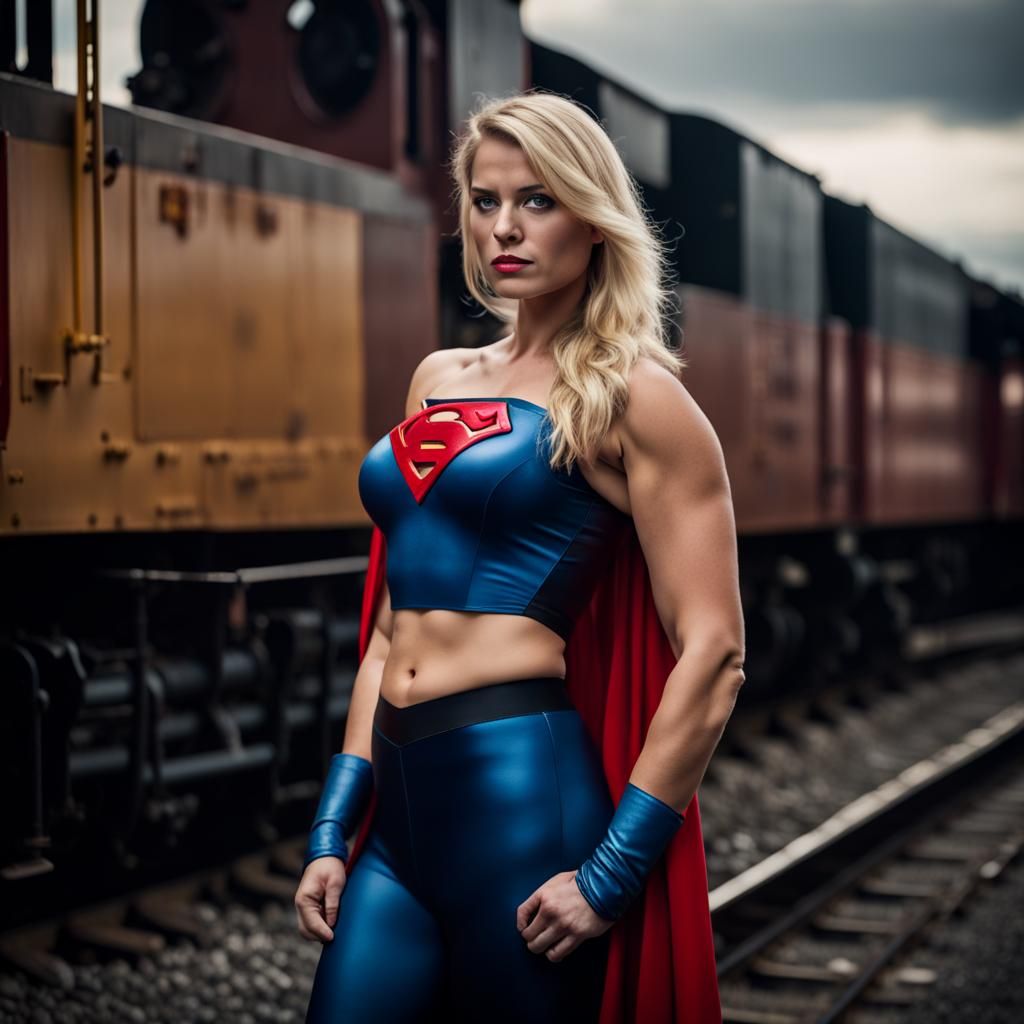 Superwoman Posing with Diesel Locomotive: Professional Photo...