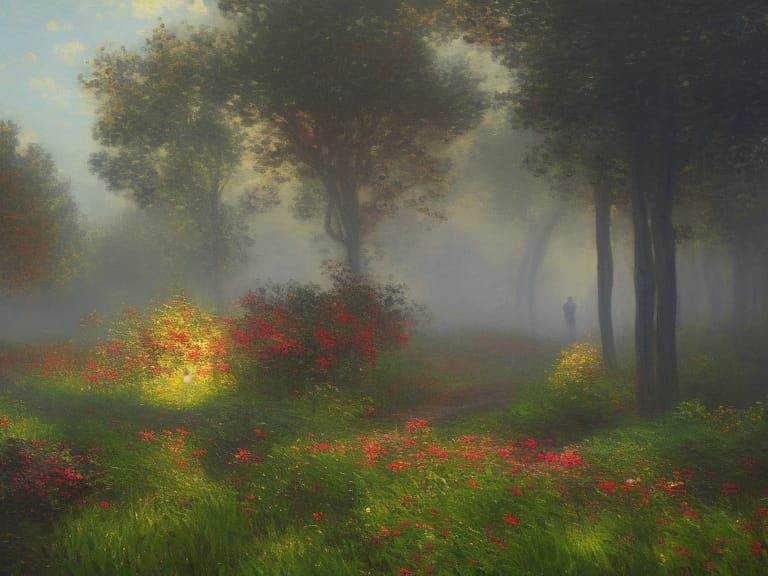 Malvae in Garden at Sunrise: Impressionist Oil Painting