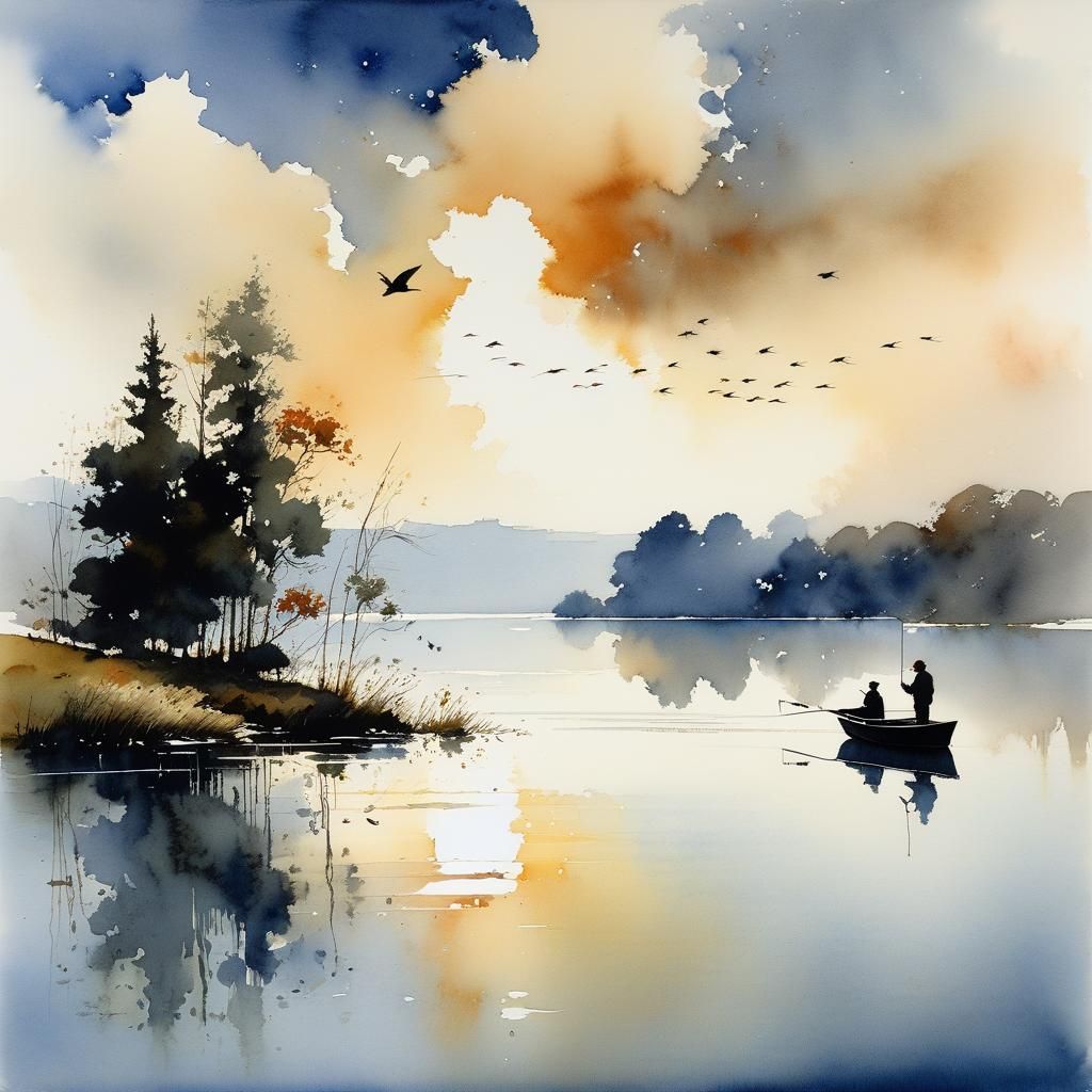 Surreal Mirrored Lake Scene in Watercolor