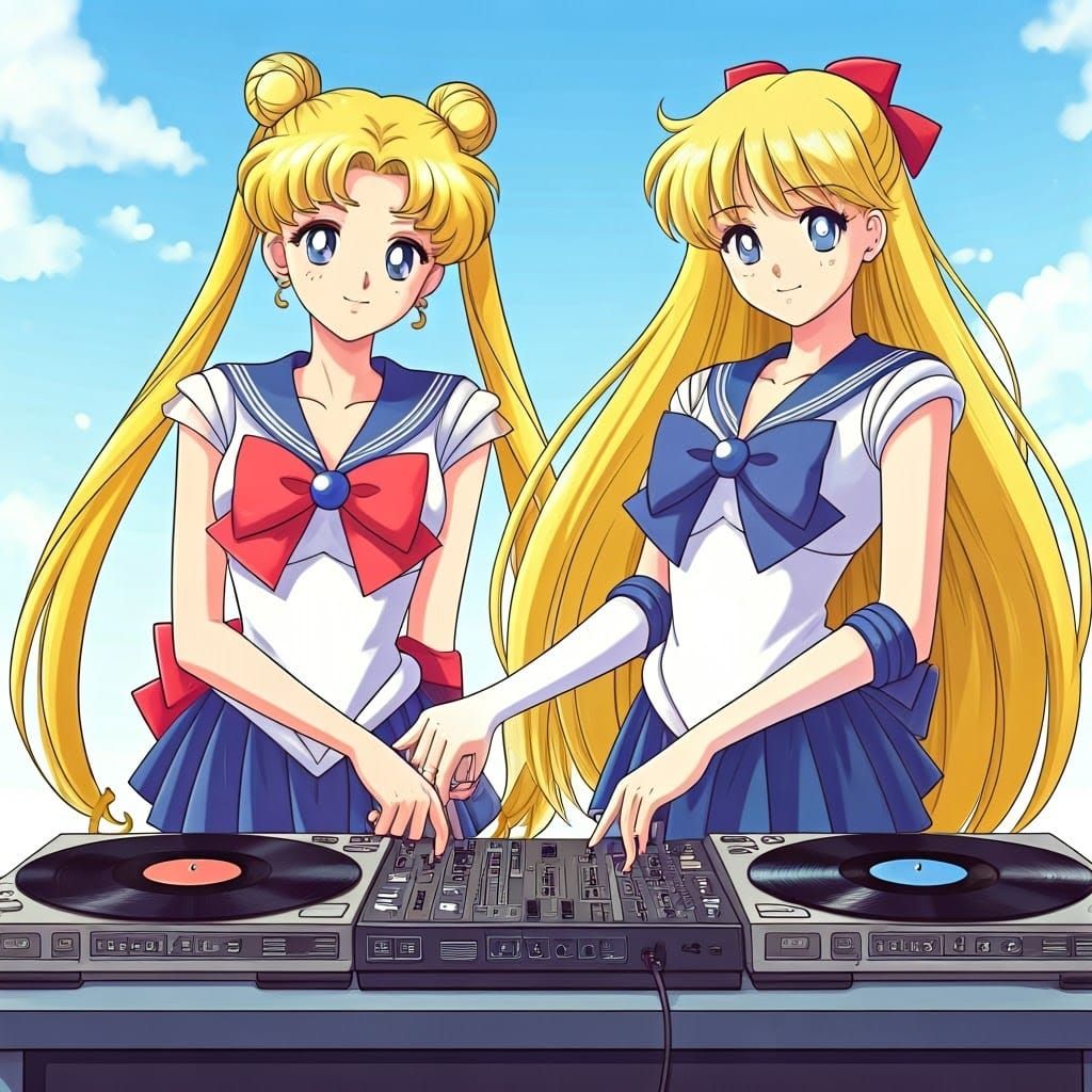 Sailor Moon and Sailor Venus as Retro Vinyl DJs at School