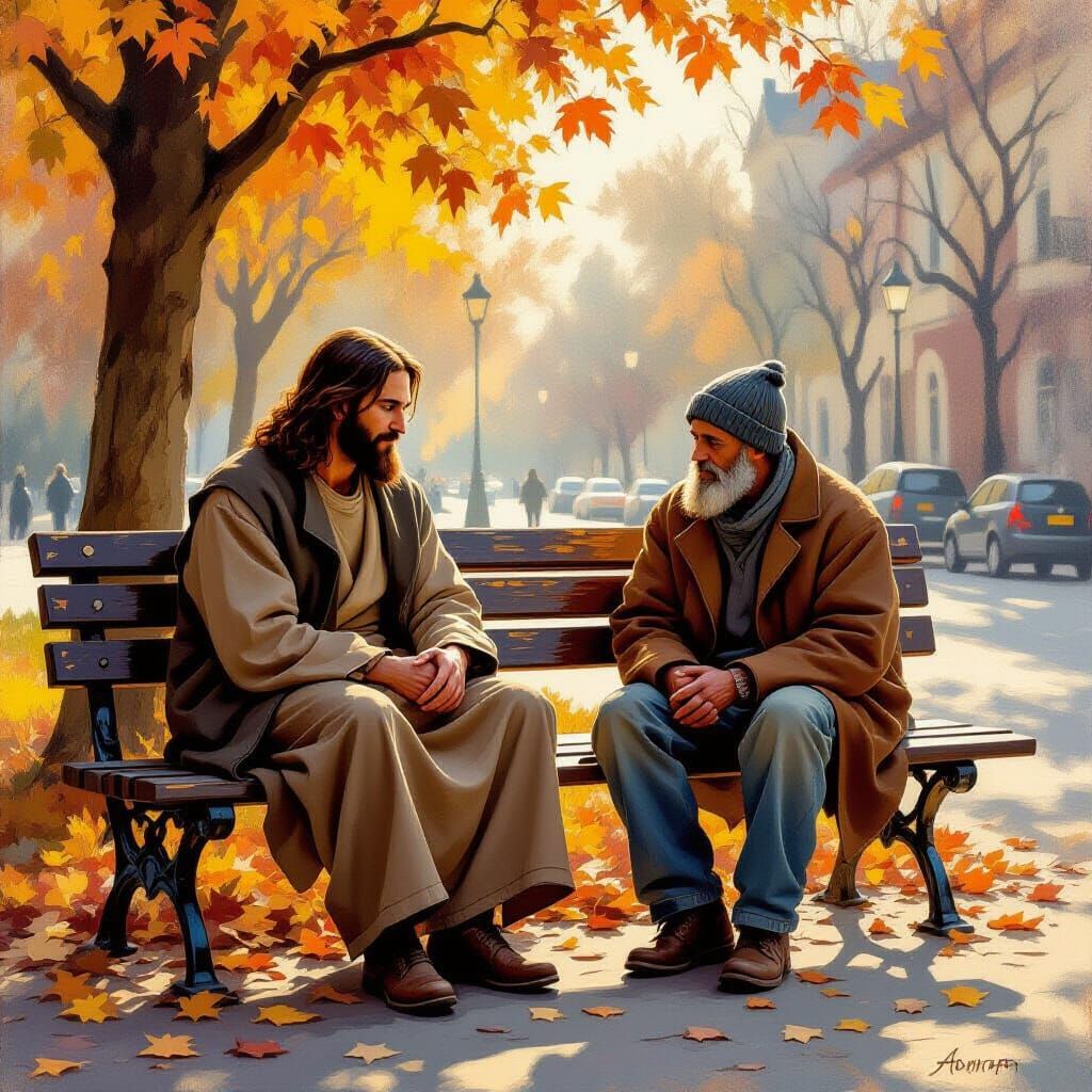 Jesus Offers Compassion to Homeless Person on Park Bench
