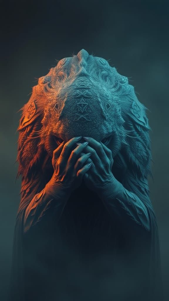 Sorrowful Creature Hiding Face in Dreamlike World