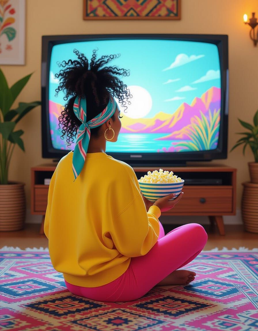 Eclectic Living Room Scene with Woman Watching TV