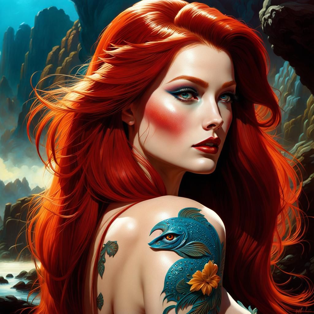 Hyperrealistic Tattooed Woman with Red Hair