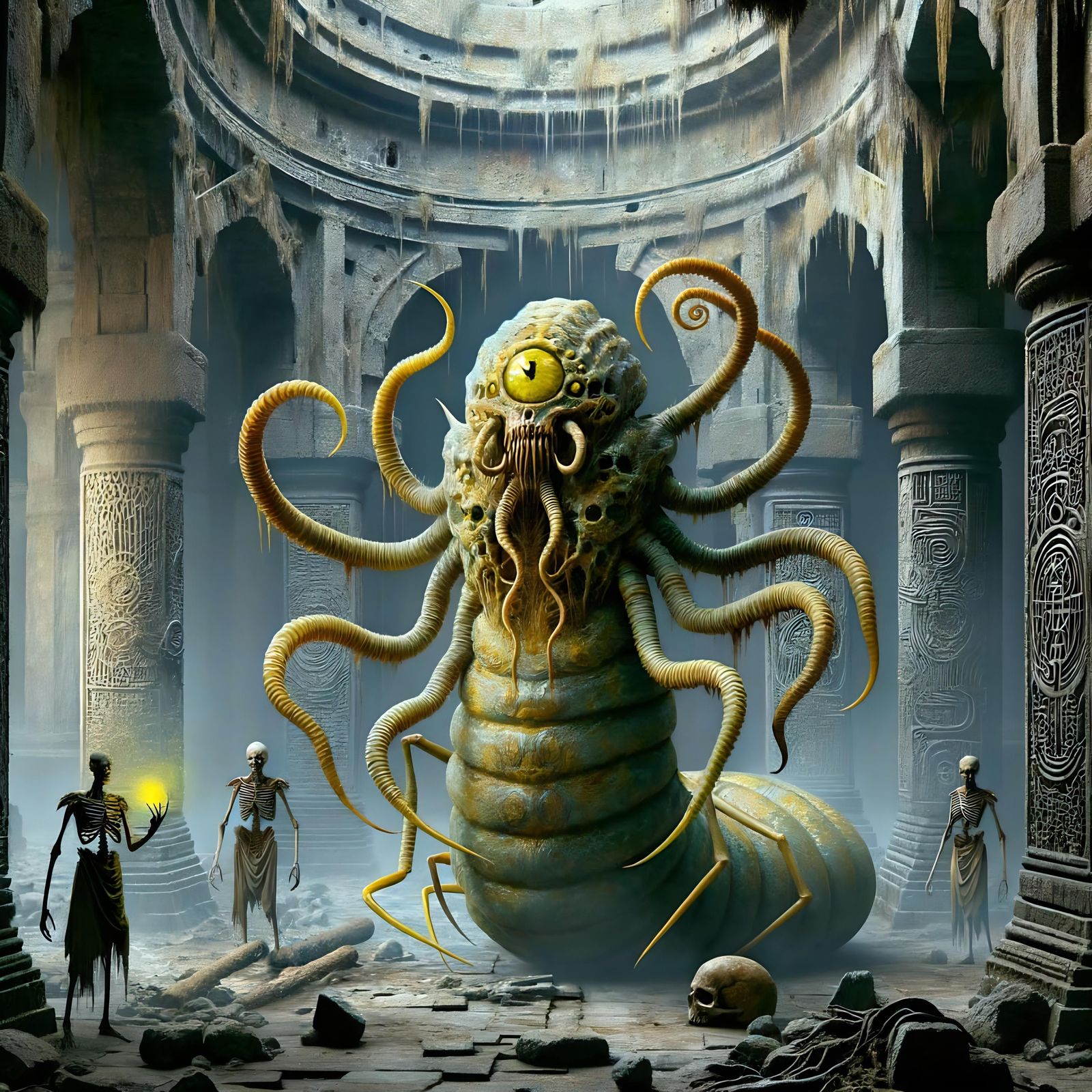 Grotesque Worm God Commands Undead in Forgotten Temple