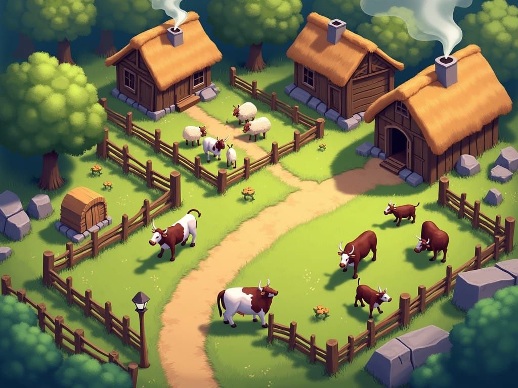 Idyllic Rural Village Scene in Earthy Tones
