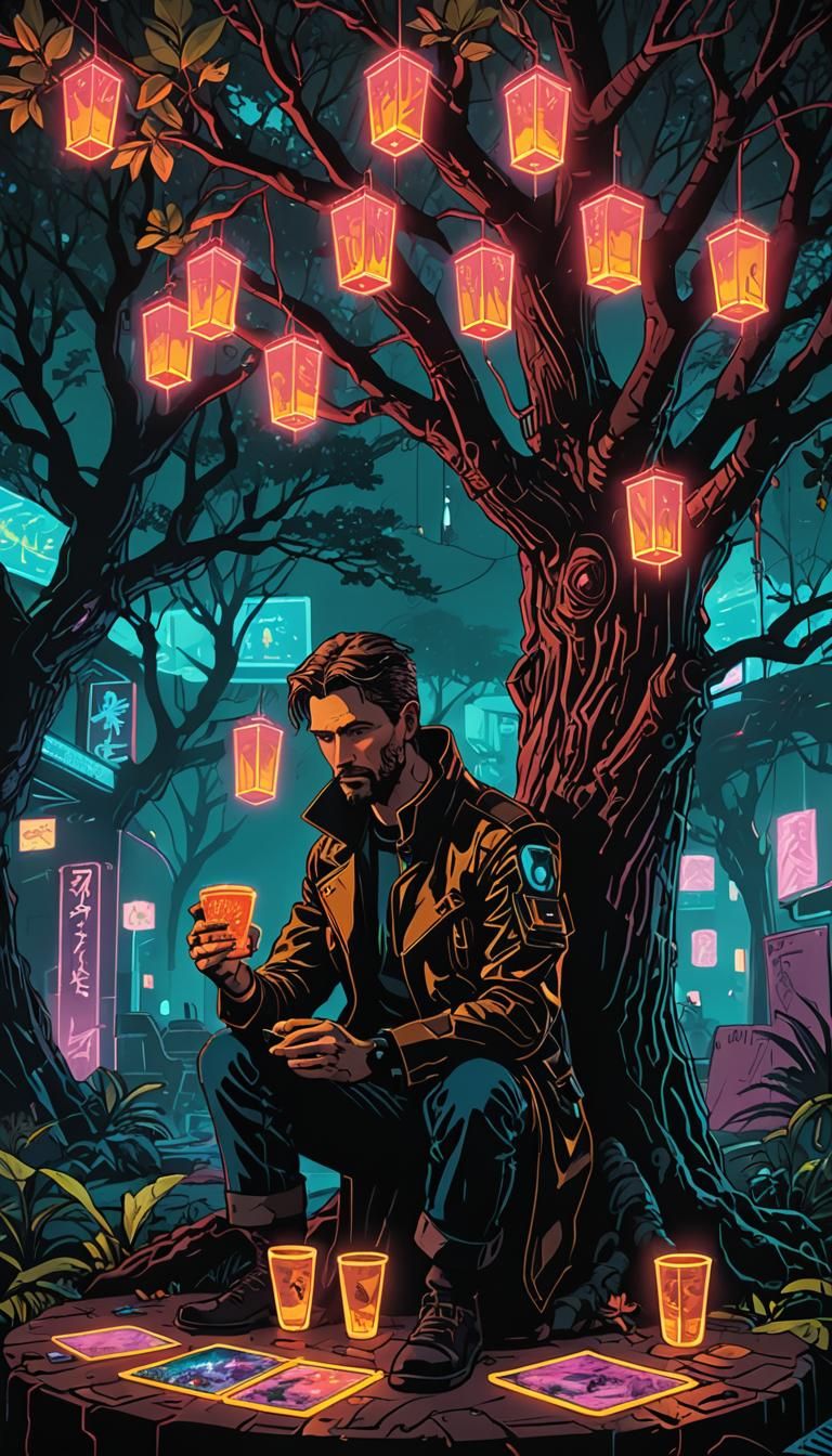 Cyberpunk Four of Cups Tarot Card Illustration
