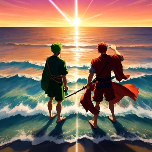 Zoro and Luffy at Sea in Vibrant Anime Style