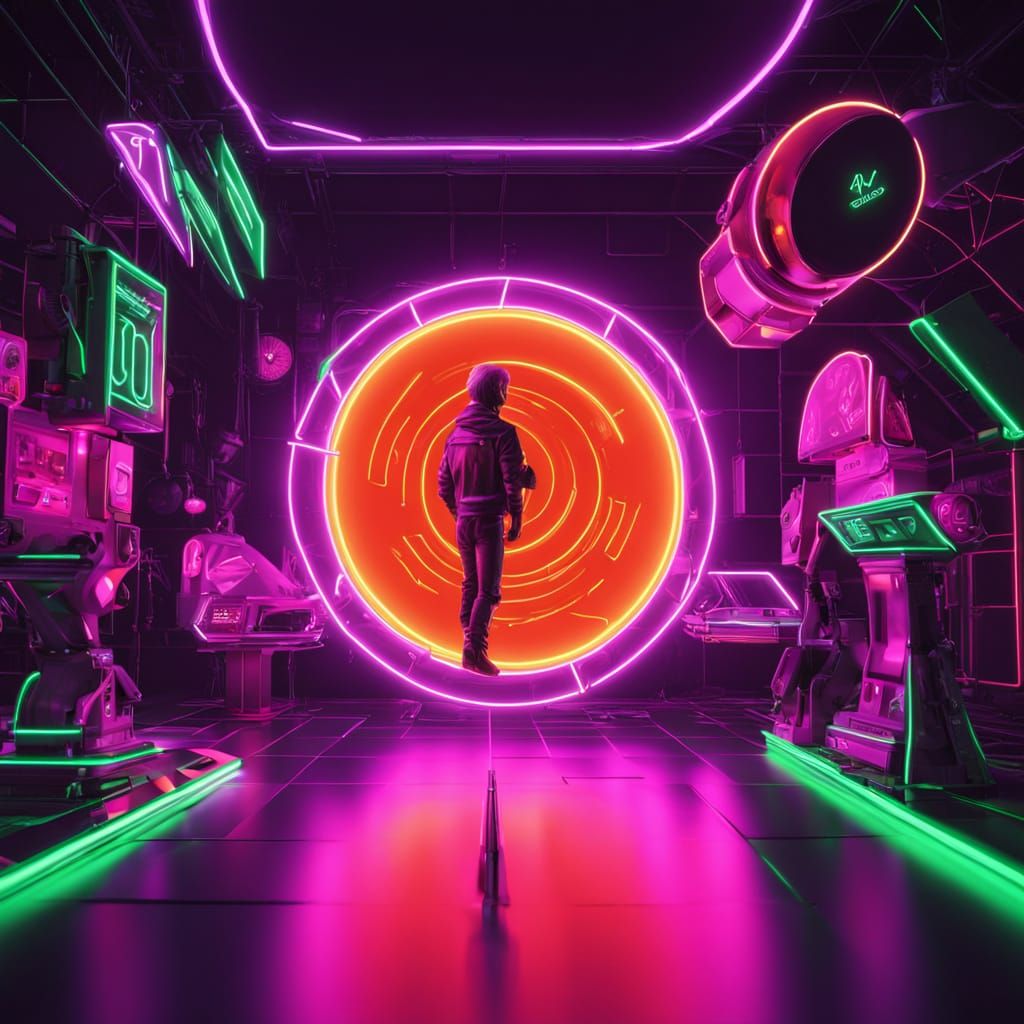 Neon Humanoid in Retro-Futuristic Geometric World
