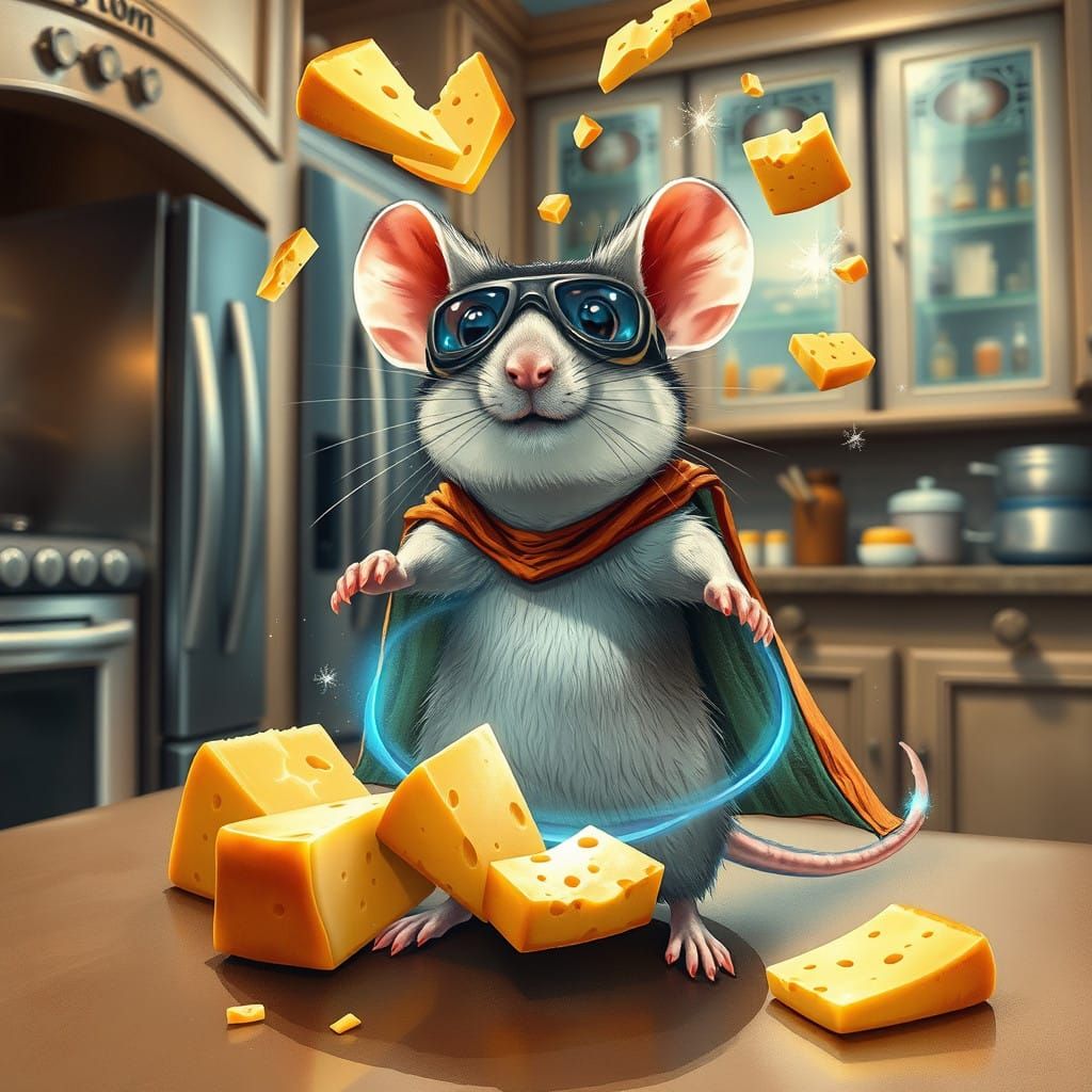 Telekinetic Mouse Hero in Vibrant Kitchen Scene