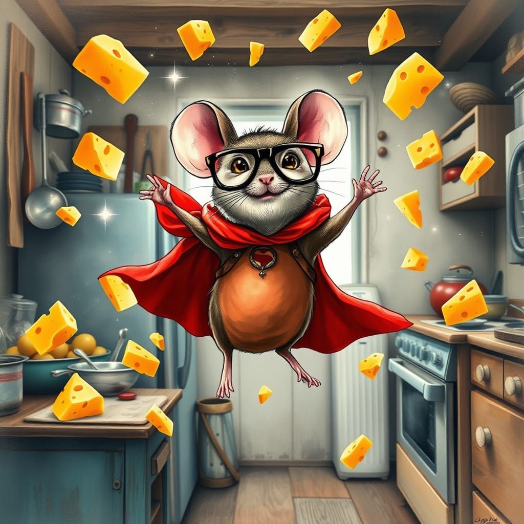 Whimsical Mouse with Vibrant Cape and Levitating Cheese, Ink...