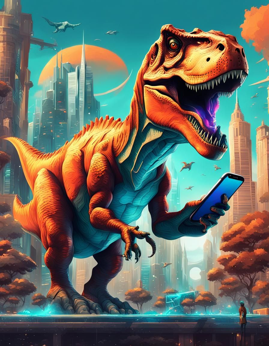 T-Rex Surfing Social Media in a Futuristic City