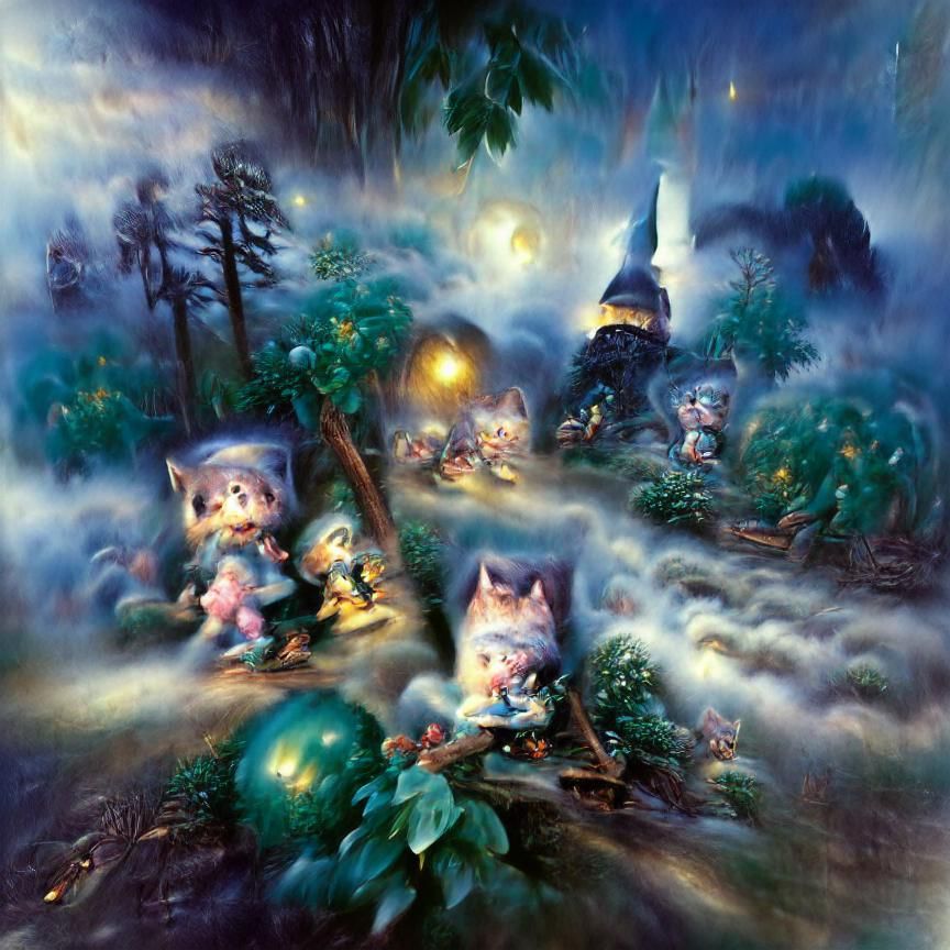 Kittens and Gnomes in Moonlit Forest, Luminous Style