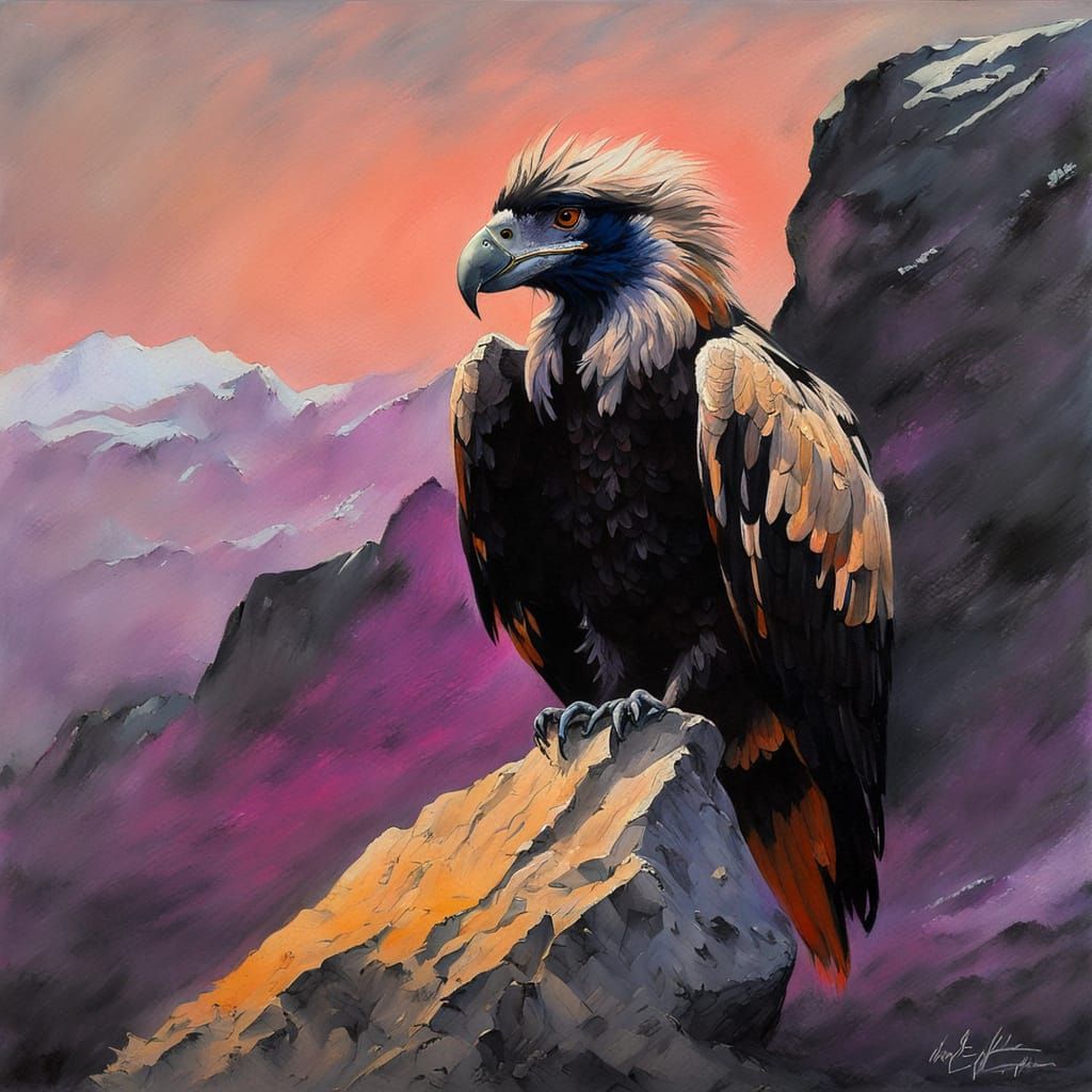 Bearded Vulture Portrait in Blacklight Neon Style