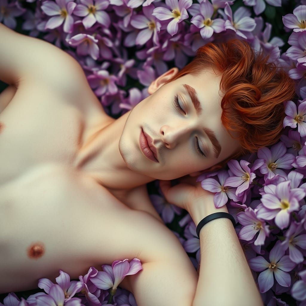 Red-Haired Man in Purple Flowers, Soft-Focus Portrait