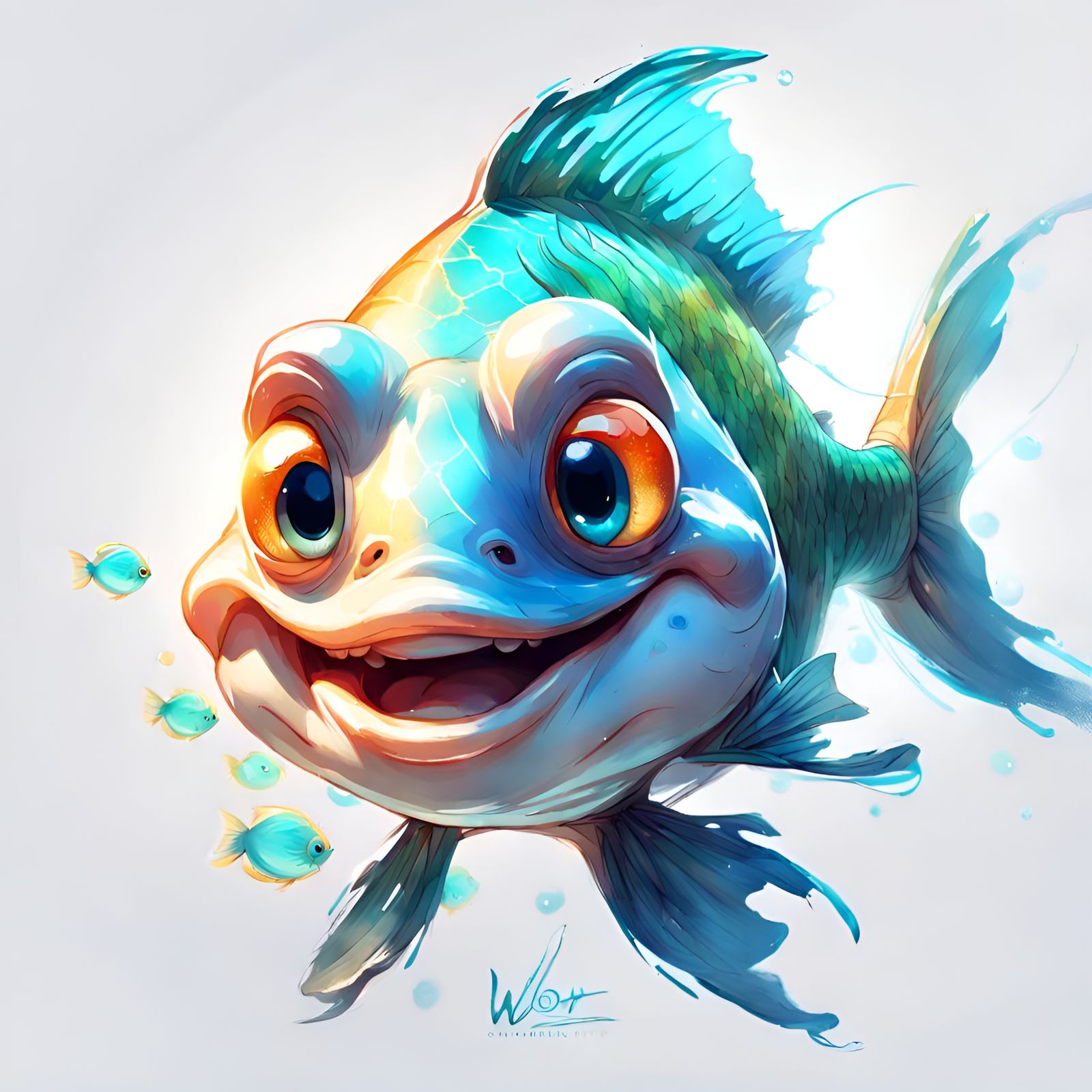 Smiling Cartoon Fish Portrait in Pixar Style