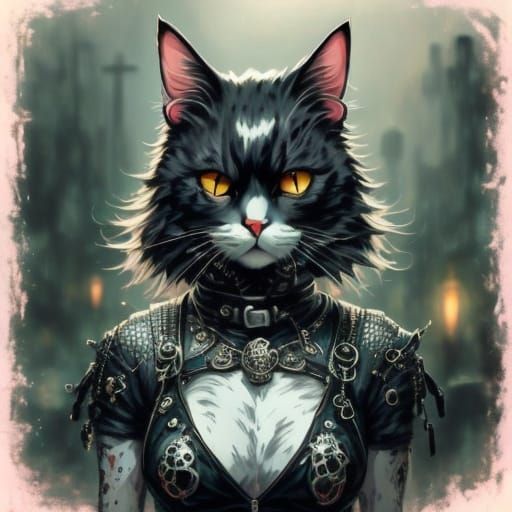 Anime. A white cat dressed in Grunge and Mall Goth style with black fishnet stockings, leather miniskirt, and black top ...