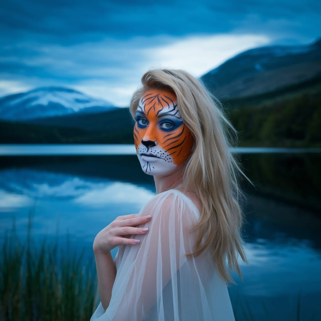 Ethereal Blonde Goddess in Tiger Face Paint near Scottish Lo...
