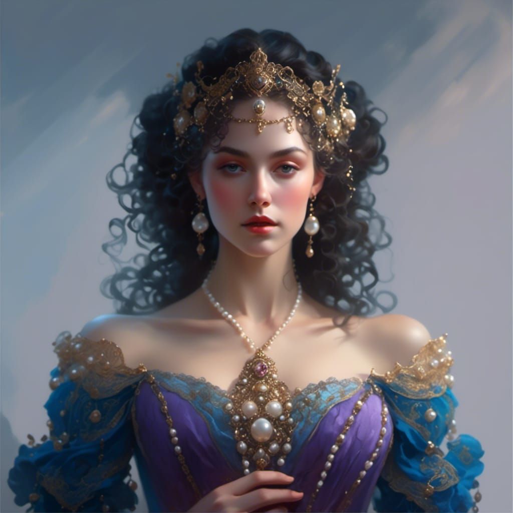 Pearl-Adorned Rococo Lady Portrait in Hyperdetailed Style