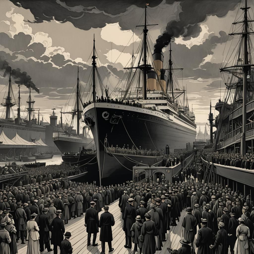 Titanic Launch in Belfast: Aubrey Beardsley Illustration