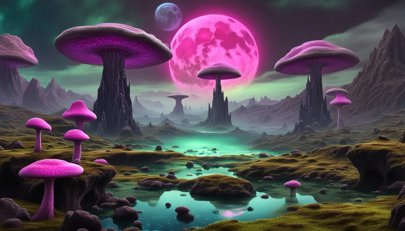 Gray Alien on Strange Planet with Bioluminescent Mushrooms