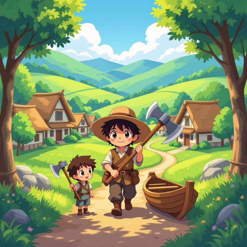 Chibi Woodcutter Returns Home With Three Axes and Son