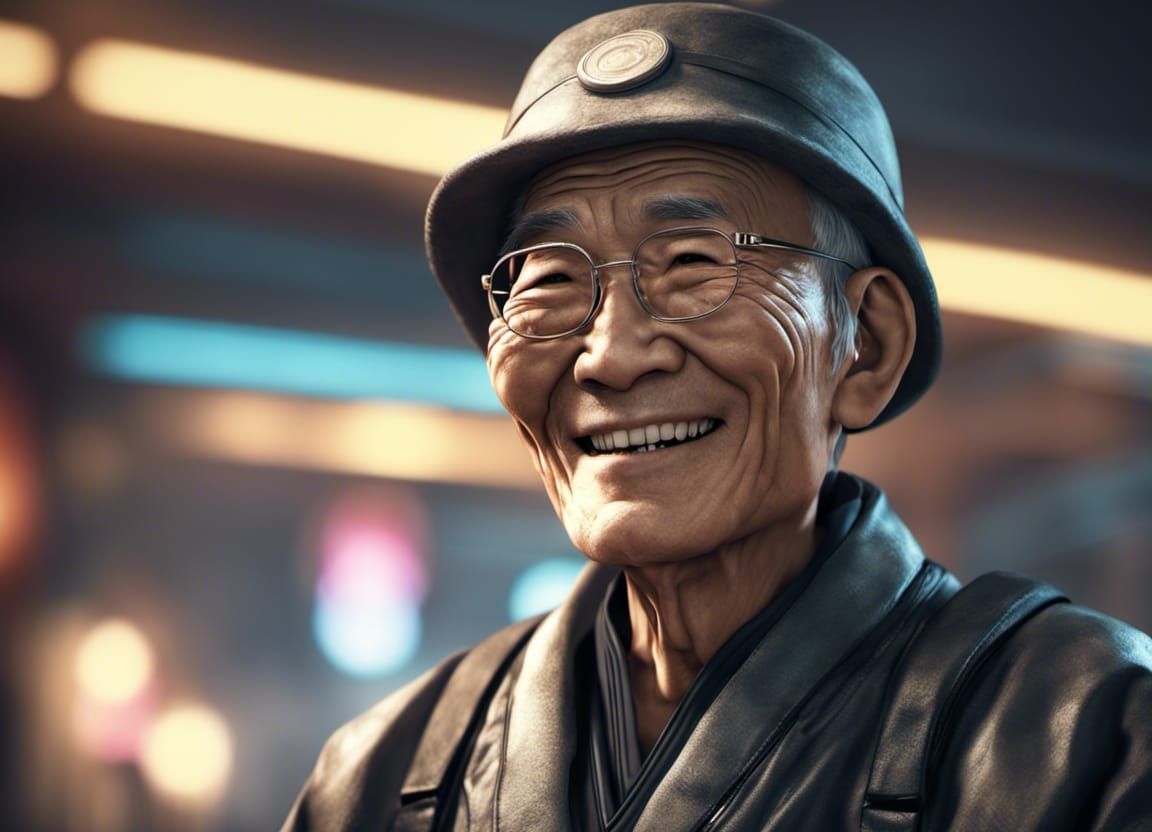 Cyberpunk Portrait of Serene Elderly Asian Man