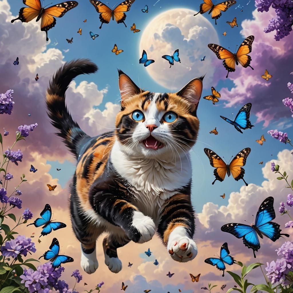Calico Cat Hunting Butterfly: 8k Digital Art