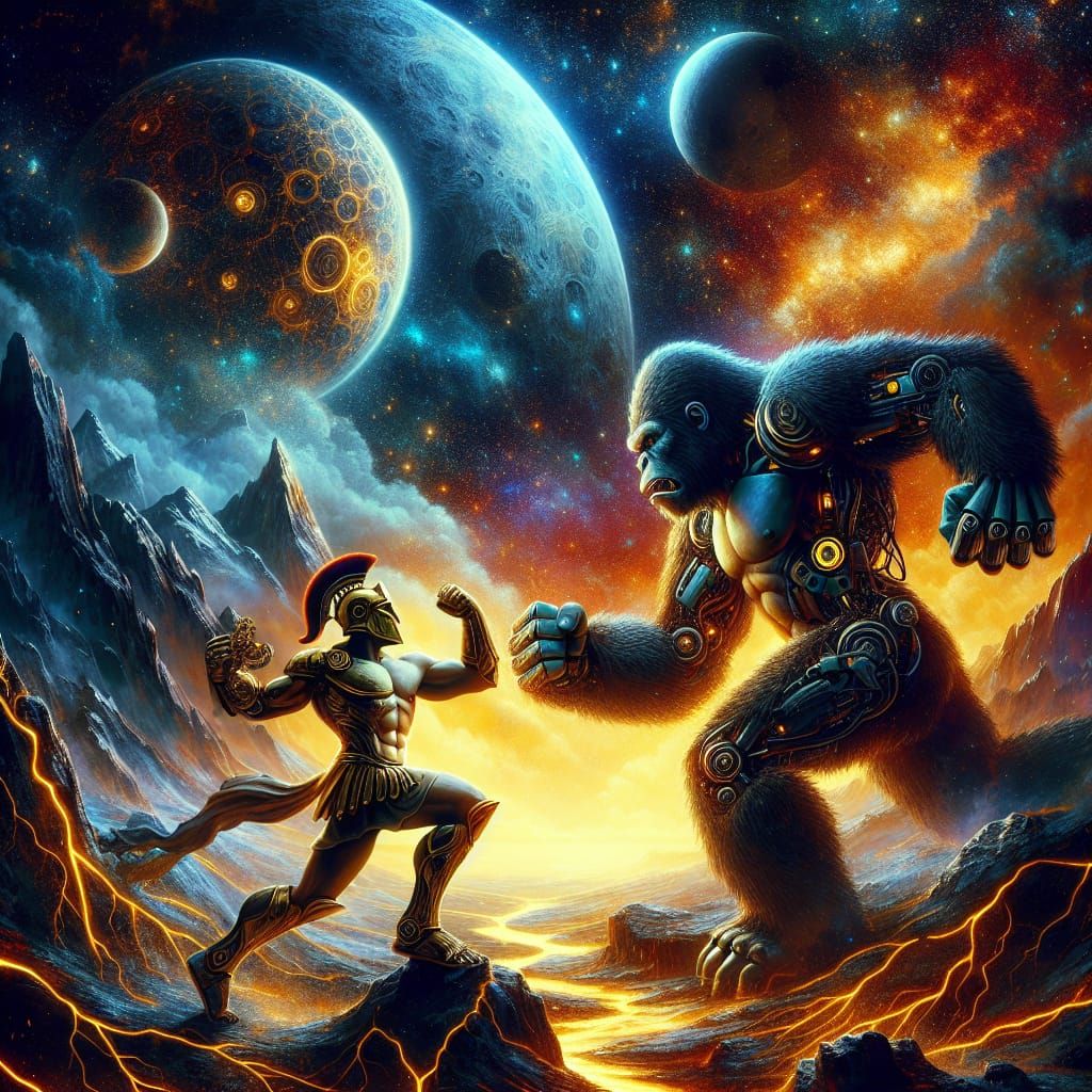 Perseus vs Robot Gorilla on Gold Moon