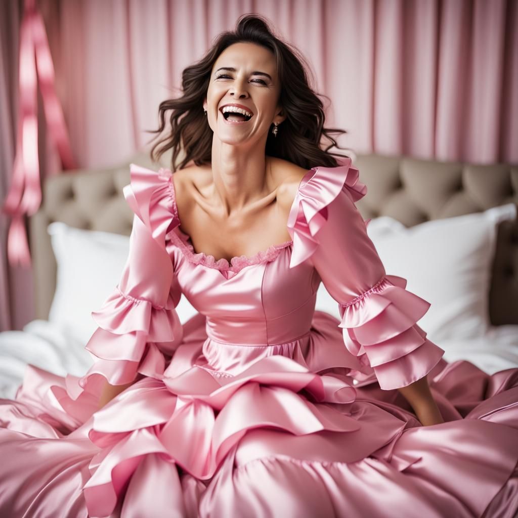Brunette Woman in Pink Dress Laughing on Bed