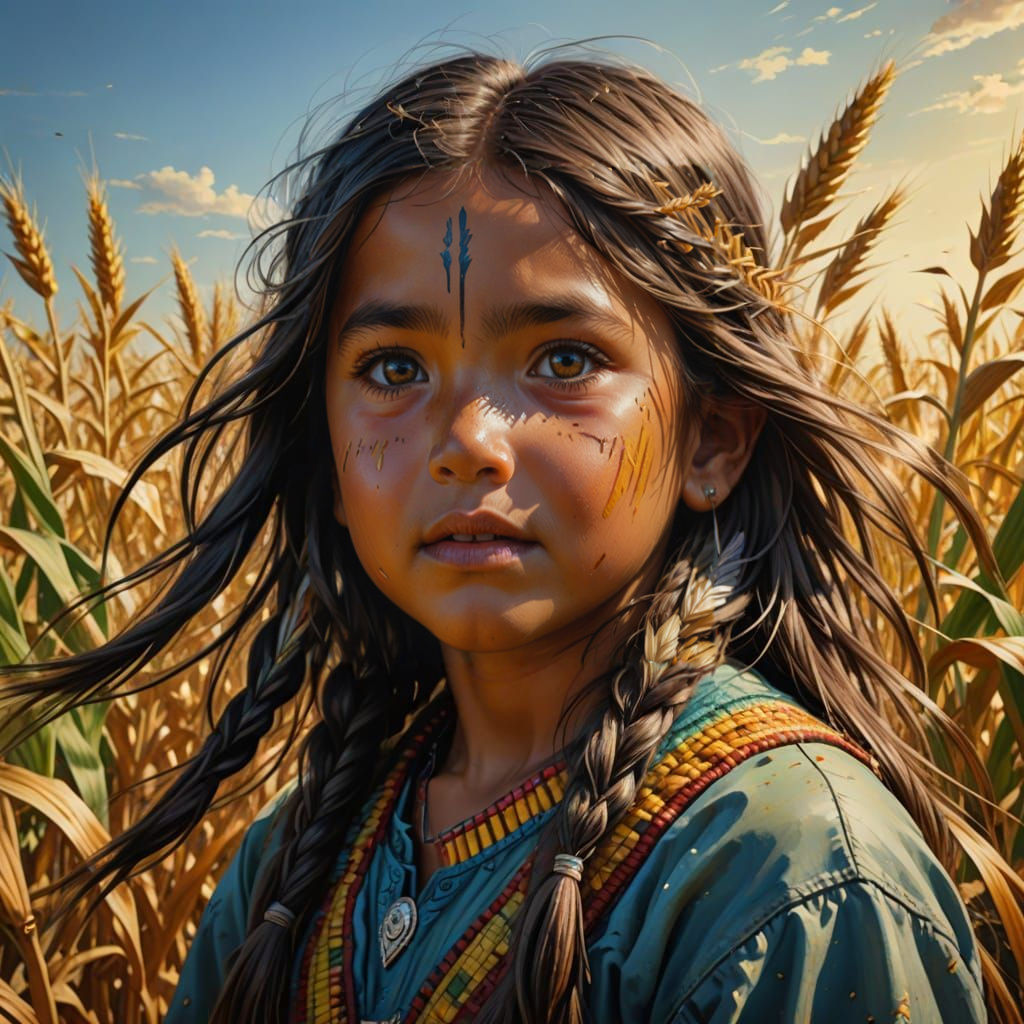 Surreal Native American Girl in a Corn Field