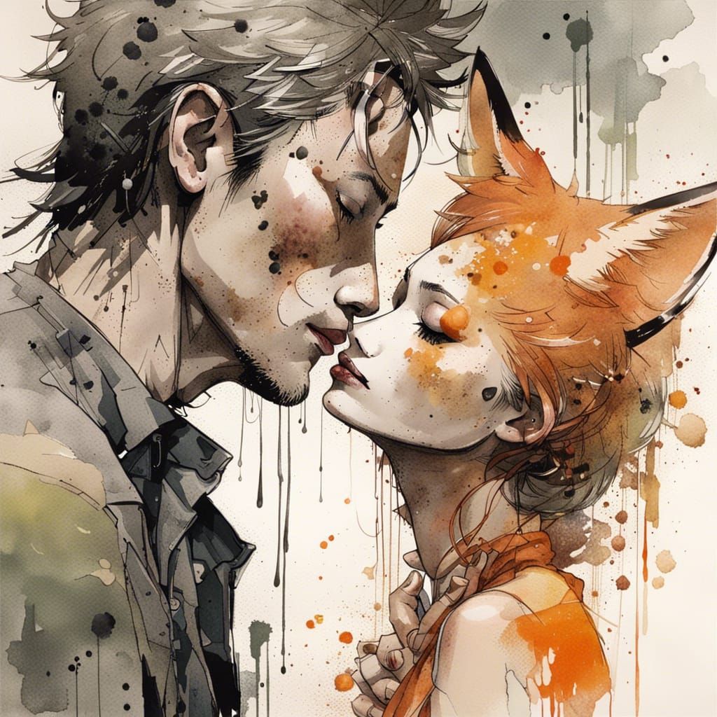 Watercolor Fox-Girl Couple Kissing in Manhwa Style