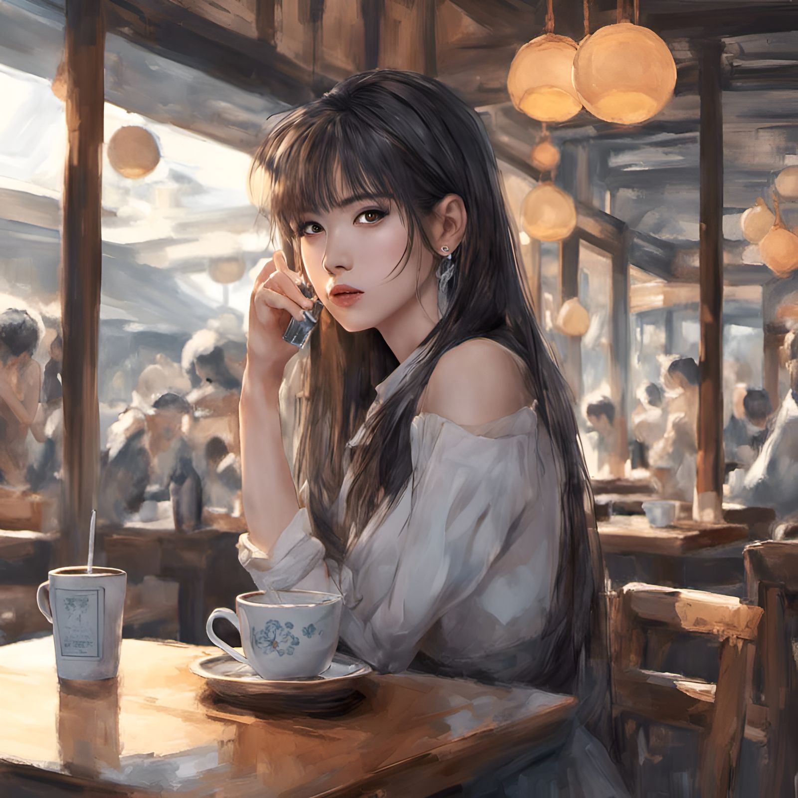 Beautiful Japanese Girl in Cafe, Royo-Inspired Portrait