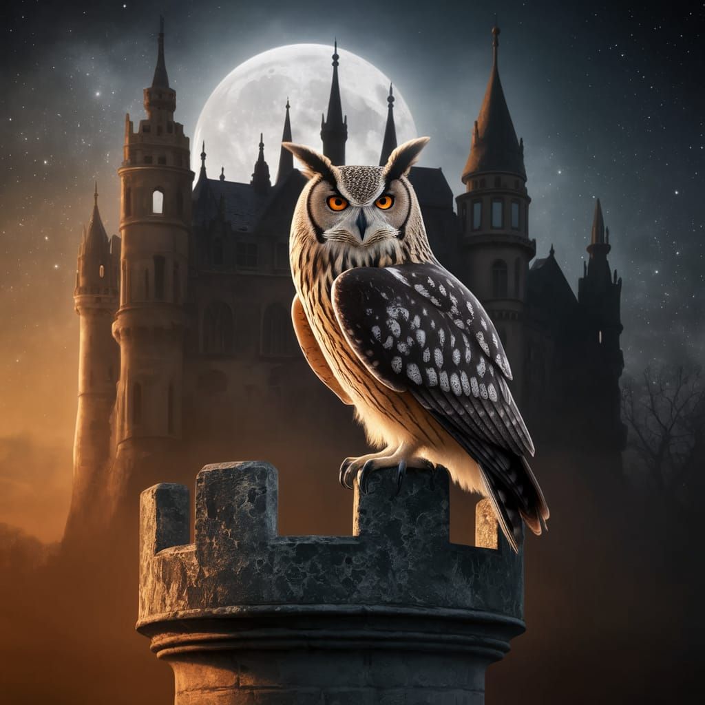 Majestic Owl perches atop Castle Turret under Moonlight