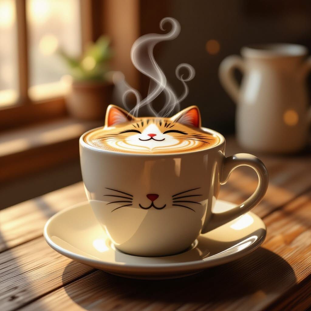 Whimsical Cat Latte Art Coffee Mug in Morning Light