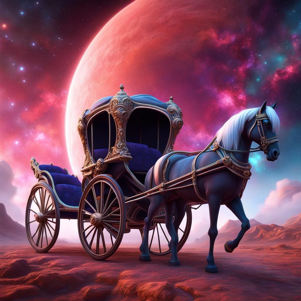 Gemstone Carriage Under Galaxy Sky in Detailed Painting