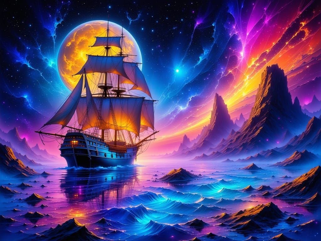 Psychedelic Barquentine Ship in Laser Port